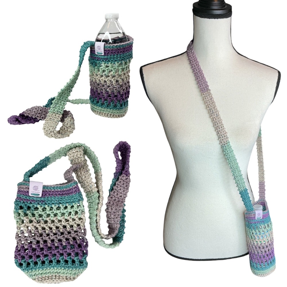 Handmade Multicolor Crochet Water Bottle Holder Women OS Crossbody Cotton Bag